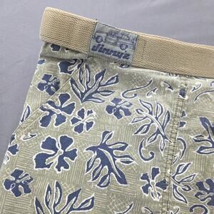 Vintage Jimmy'Z Mens Shorts 34 Flora Green Blue Tan Canvas Belted Surf Shorts